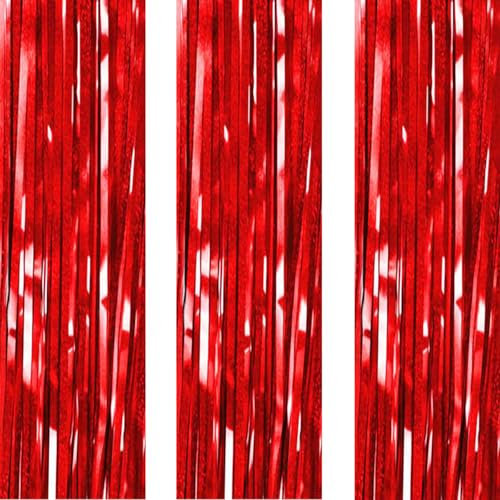 AILEXI 3 Pack 3.2ft*6.56ft Metallic Tinsel Curtains Foil Fringe Shimmer Streamers Curtain Door Window Decoration for Party Supplies - Laser Red