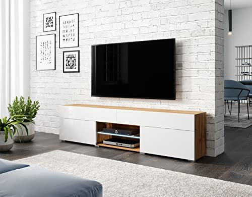 PIASKI Meuble TV Lowboard Carrera 180 cm Meuble TV coloré avec éclairage LED Inclus (Wotan/Blanc)