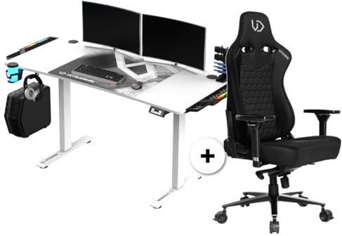 ULTRADESK - Level V2 Höhenverstellbarer Schreibtisch - Elektrischer Computertisch - 140x68 cm, für Gaming, Büro, Homeoffice - Set mit XL-Mauspad, LED RGB, Throne Gaming Stuhl - Weiß LED + Throne