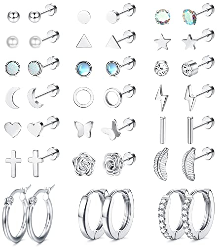 JeweBella 21Pairs Kleine Ohrstecker Damen Set Chirurgenstahl Knorpel Helix Ohrringe Hypoallergen Stern Mond Flatback Ohrringe Zirkonia Creolen Ohrringe Piercing Ohrstecker Set für Frauen Mädchen