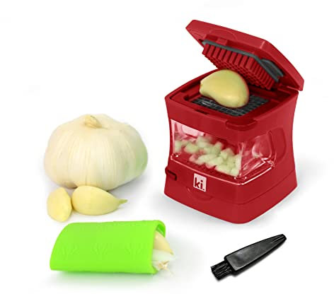 Kitchen Innovations Garlic-A-Peel Garlic Press, Crusher, Cutter, Mincer, and Storage Container - Includes Silicone Garlic Peeler - Easy to Clean - Stainless Steel Blades – (Red), standard
