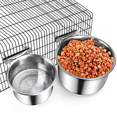 ShineMe Dog Food & Water Bowl, 2 Pack Stainless Steel Pet Bowls for Dogs and Cats Hanging in Cage Crate Kennel, Non-Slip Metal Feeder for Medium and Large Pets (7.1 * 3.5” & 5.5 * 3.2”)