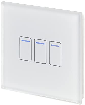Retrotouch Crystal Touch Switch | LED Light Indicator | 3 Gang 1 Way 300W | Stylish White Glass Finish | Screwless Front | 35mm Back Box No-Neutral Required | Luxury Home & Bathroom Light Switches