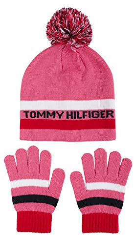 Tommy Hilfiger Mädchen Tommy Striped Beanie und Magic Glove Set Mütze, Hot Pink, 8-16 Years