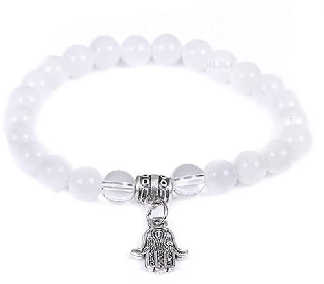 Frienemy Home Presents Mondstein Mit Klarem Quarz Hamsa Handarmband, Natürliche Edelsteine Perlen Armbänder Größe 8 Mm Für Männer Und Frauen #Frienemy-2505