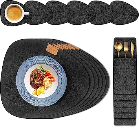 Tischsets Abwaschbar Platzsets aus Filz 18er Set, shinfly Tischsets Abwischbar Rund, Hitzebeständig rutschfest Platzdeckchen mit Untersetzer, BestecksäCken für Küche, Speisetisch 【Anthrazit】