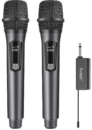 Aveek Micrófono Inalámbrico,con Receptor e Recargable Sistema de Micrófono de Mano Dinámico (Trabajo 6hs),Wireless microphon para Karaoke, Canto, Fiesta, Boda, DJ, Discurso (2 Micrófono)