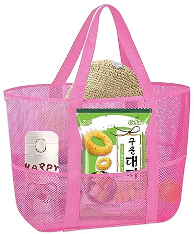 Mesh Aufbewahrungstasche, ACTOYS Sandspielzeug Netztasche Große, 47 * 36 * 20cm Rosa Spielsack, Badetasche, Beachbag, Tasche für Sandspielzeug Netz, Faltbare Strandtasche, Strandspielzeug Tasche