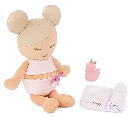 LullaBaby Badepuppe aus weichem, wasserbeständigem Plüsch, 36 cm | 36 cm große Badepuppe aus wasserbeständigem Plüsch mit Oberteil, Handtuch und rosa Badeente, Blondes Haar - Mädchen, 2+ Jahre