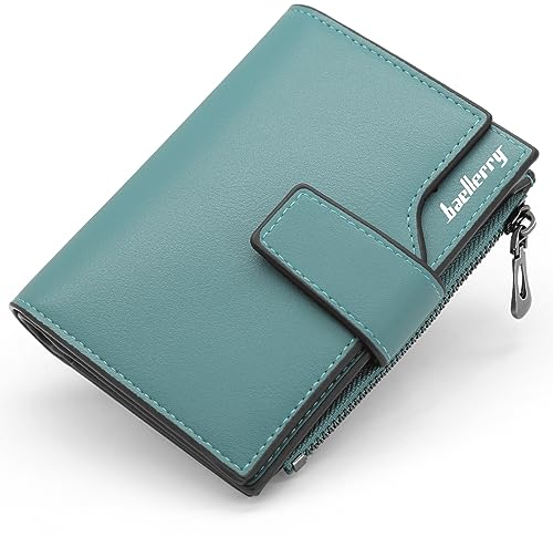 HNOOM Porte Monnaie Femme en Cuir PU Porte Feuilles pour Femme Court Lisse et Souple Petit Portefeuille Femme avec 15 Emplacements Cartes et Zippé Pochette à Monnaie (Vert-X)
