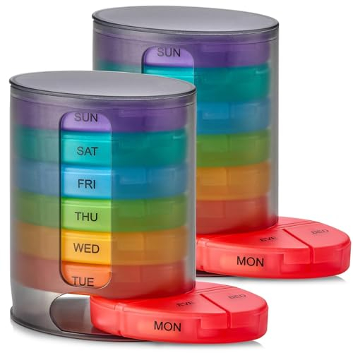 MEDca Pilulier hebdomadaire, 1 distributeur, 7 compartiments multicolores empilables quatre fois par jour – Matin, midi, soir et heure du coucher, Noir, Lot de 2