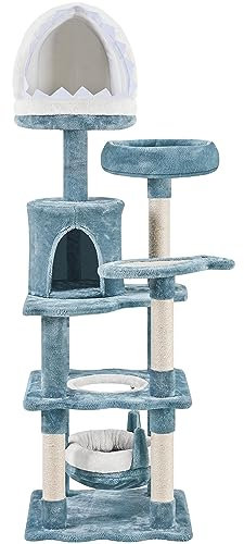 costoffs Ocean-themed Cat Tree 155cm, Multi-Level Cat Play Tower with Shark's Mouth-style Condo, Sisal Scratching Posts, Perches, Hammock, Blue/White