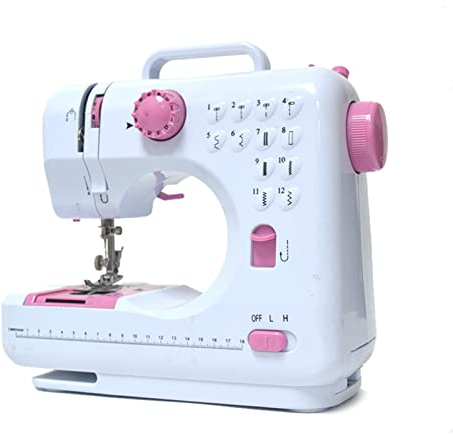 Dekaim Nähmaschine, Mini elektrische Haushaltszweifadennähmaschine, 505A 12 Nadel, EU 220V, geeignet für Anfänger,rosa Knopf