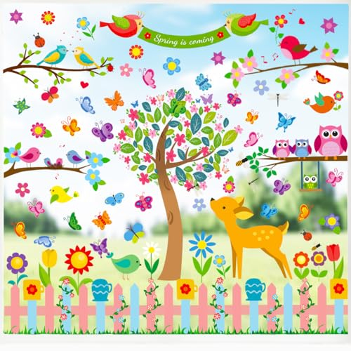 Fensterbilder Sommer,9 Blätter Fensterbilder Kinder, Fensterbilder Frühling Selbstklebend,Fensterbilder Frühling Kinder,Fensterkleber Kinder Sommer,Fensterbilder Kinderzimmer mit Blumen Schmetterlinge