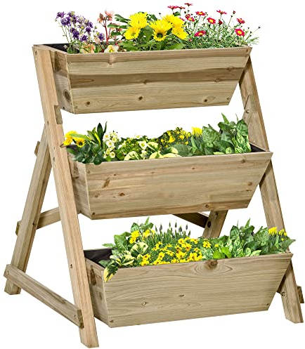 Outsunny Fioriera da Giardino a 3 Livelli con Feltro Drenante Geotessile, Fioriera in Legno di Abete con Inserti per Irrigazione, 71x61x77 cm, color Legno