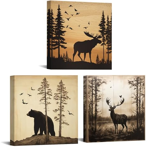 GLOKAKA Leinwandbilder, rustikale Hüttendekoration, Bergtiere, Hirsch, Elch, Bär, Waldbilder, Bauernhaus, Wildtiere, Gemälde für Blockhütte, Schlafzimmer, Badezimmer, Dekoration, 3 Stück