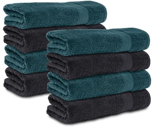 Komfortec 8er Handtücher 50x100 cm Set aus 100% Baumwolle, Frottee, Weich, Schwarz/Petrol