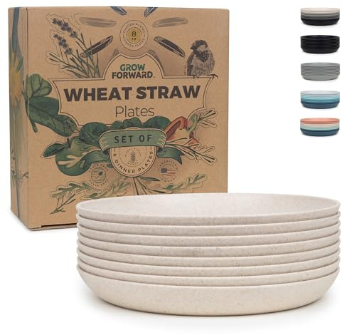 Grow Forward Premium Wheat Straw Plates - 8 Inch Reusable Hard Plastic Dinner Plates Set of 8 - Unbreakable Microwave Safe Plates for Dessert, Camping, RV, Outdoors, Patio, Kitchen Dishes - Sahara