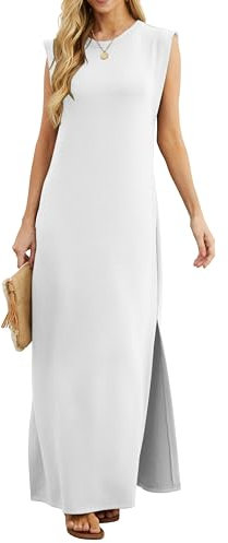 GRECERELLE Robe longue d'été décontractée pour femme, style élégant, robe longue basique sans manches pour femme, avec fentes et poches, blanc, XXL