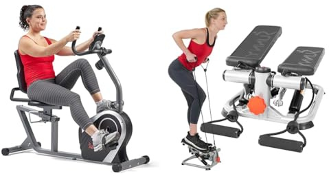 Sunny Health & Fitness Exercise Bikes, Magnetic Recumbent Bike + Advanced Mini Home Steppers, Total Body Workout Stair Machine with Resistance Bands