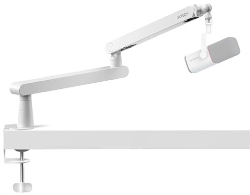 IXTECH Soporte de brazo de micrófono blanco de perfil bajo, soporte de micrófono ajustable con gestión de cables integrada, brazo de micrófono giratorio de 360°, modelo blanco lagarto