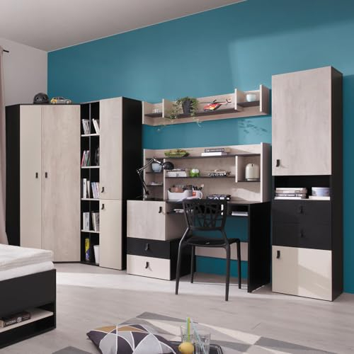 Lomadox Jugendzimmer Set 6-teilig mit Eckkleiderschrank, 2 Regalschränke, Wandboard, Schreibtisch, Schreibtischaufsatz in schwarz/braun/beige Modern