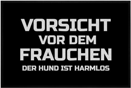 OM3® lustige Fußmatte mit Spruch - Vorsicht vor dem Frauchen - der Hund ist harmlos - Geschenk für Hundebesitzerin - rutschfest & waschbar - 60x40cm -