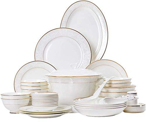 SnamicE 62-teiliges Tafelservice aus Porzellan, Bone China, weiß-goldenes Randmuster, Tafelservice, geeignet für 10 Personen