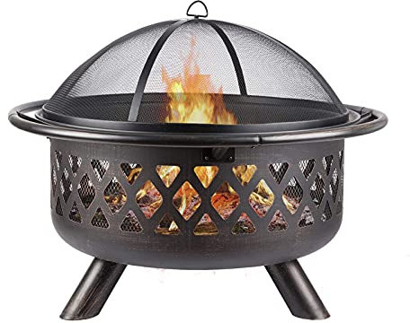 NOALED Kleine Feuerstelle, Feuerstelle für den Außenbereich mit BBQ-Grillablage, Feuerschale mit Funkenschutzgitter, inkl. Schürhaken und Abdeckung, Terrassenheizer für den Garten