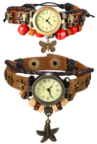 JewelryWe Damenuhr Vintage Leder Uhr: 2pcs Stern Totenkopf Schädel Schmetterling Seestern Analog Quarz Armbanduhr Damen Geschichtet Perlen Leder Geflochten Armband verstellbar Armreif Lässige Uhr
