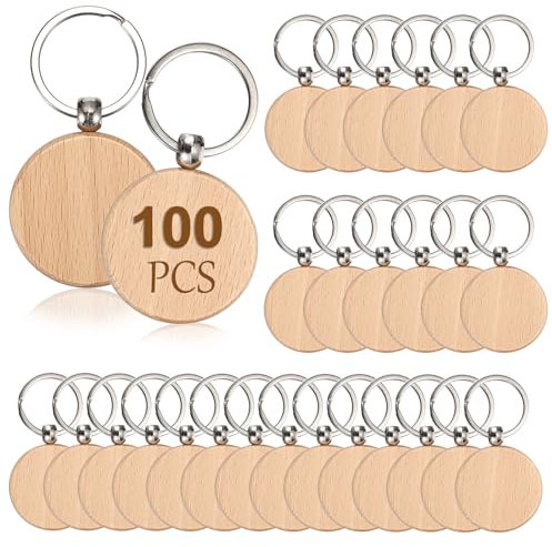 TOLIDA 100 Stück Schlüsselanhänger aus Naturholz, DIY Naturholzscheiben, Personalisierte Schlüsselanhänger für Individuelle Geschenke, Tasche, Namensschilder des Haustier, Basteln, Dekoration 4x4CM