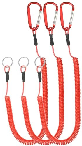 PATIKIL 6.5ft Spring Fishing Lanyard, 3 Pack Retractable Coiled Tether Spiral Coil Keychain Cord with Metal Clip & Split Ring for Pliers Boating Fly Fishing, Red