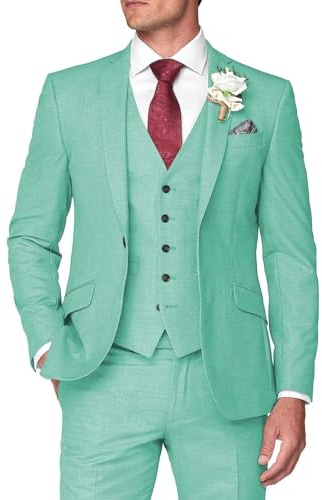 Huutoe Men’s 3-Piece Suit, Slim Fit for Work, Wedding, Prom – One-Button Blazer Jacket, Waistcoat, Trousers – Dinner Jacket, mint green, L
