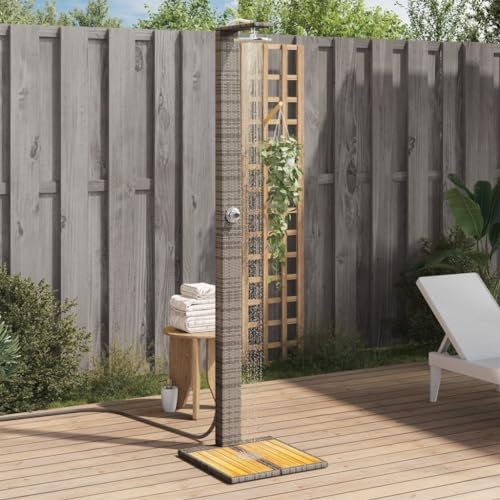 Sufrk Außendusche grau 50x55x224 cm Polyrattan und Akazienholz, Duschabtrennung nach innen öffnend, platzsparende Duschtür