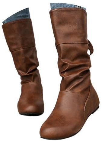 Onsoyours Stivali Alti Donna Stivaletti in PU Boots Morbidi Stringati Stivali Lungo Stivaletti Eleganti Autunnali Invernali Comode con Tacco Piatto A Marrone 38 EU