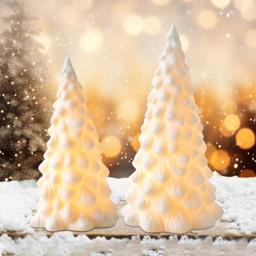 DZAY Weihnachtsdeko Innen Keramik Tannenbaum Weihnachtsbaum,Lichthaus Weiss Winter Deko Häuser,Weihnachtshaus Beleuchtet Keramik Weiß Windlicht Haus Weihnachtshäuser Weihnachten Deko