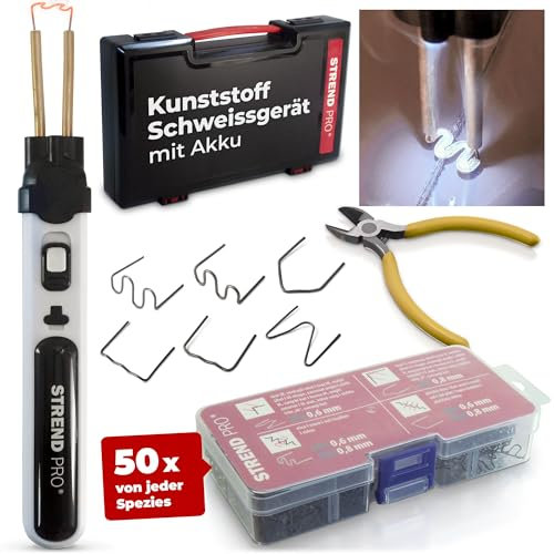 STREND PRO Kunststoff Schweißgerät Akku | Kunststoff Reparaturset mit 300PCS Heftklammern, Plastik Koffer | Akku Plastik Schweißgerät | Auto Kunststoff Reparatur - Stoßstange reparatur set