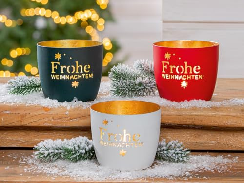 GILDE Deko Windlicht mit Spruch: Frohe Weihnachten - aus Metall - Höhe 8,5 cm Ø 10 cm