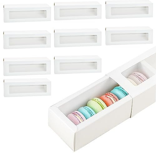 Bakiauli 10 Stück Macarons Box, Weiß Kraftpapier Macaron Box mit Sichtfenster, Rechteck Tortenkarton für Kekse Desserts Donut Muffins