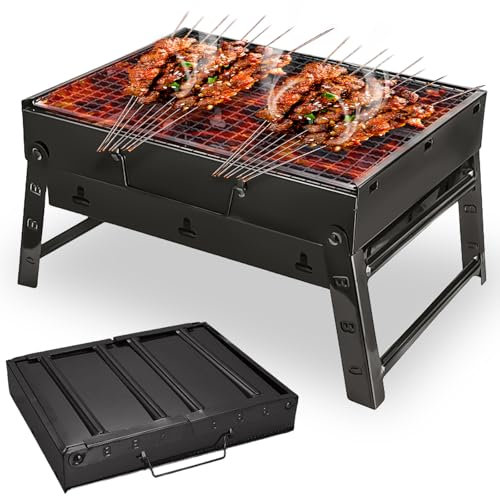 Barbecue a carbonella, pieghevole, piccolo, 35 x 27 x 20 cm, portatile, in acciaio inox, campeggio, per picnic, terrazza, campeggio, viaggi, giardino, feste, ecc