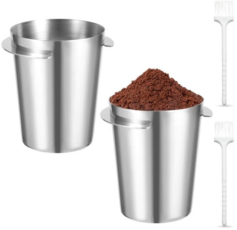 BORISCA 2 vasos dosificadores de café de 51 mm, taza dosificadora de café en polvo plateada, taza medidora de café de acero inoxidable, vaso dosificador con 2 cepillos de limpieza, taza de café para