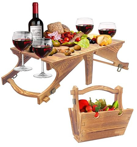 Csafyrt Picknick-Tabelle 2-in-1 Holzklappkorb mit Weinglashalter tragbarer Außentisch für Camping Beach Wine Lover Geschenk 11.8 * 9.1 * 5,9 Zoll