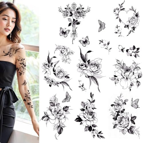 Roarhowl Temporäre Tattoos, Rosen und Schmetterlinge Design, Schwarz, 8 Stück