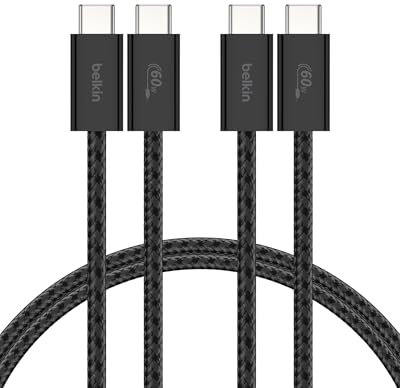 Belkin Paquete de 2 Cables Trenzados USB-C a USB-C de 1,5 m (60 W),carga rápida, cables de alimentación suaves y flexibles USB tipo C para iPhone 16 y 15,Galaxy S25, Pixel 9, iPad Pro y otros, Negro