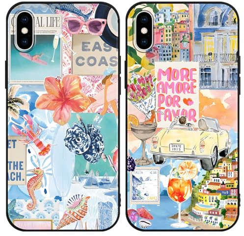 Phoona 2 Pack Cute Case for iPhone XS Max 6.5, European Collage Preppy Summer Girly Design Pattern for Girls Women, Slim Soft Silicone Shockproof Bumper Protector Cover, Blue 03