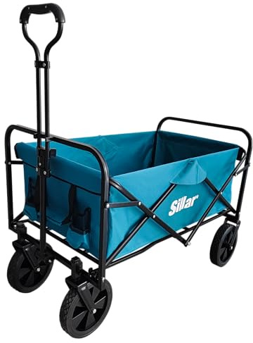 Sillar Faltbarer Bollerwagen 100 L bis 80 kg, mit 4 PVC-Rollen in Blau | Stahlrahmen mit wasserabweisendem, PVC-beschichtetem Stoffkorb; für Camping, Strand, Einkauf, Garten und Freizeit ideal