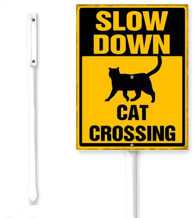 Horienteeon Cartello da cortile con palo per rallentare il gatto che attraversa gli amanti degli animali domestici, quartiere, traffico stradale, robusta targa in alluminio per esterni, cortile