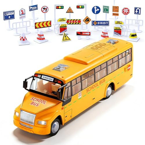 HAJXXMM School Bus Toy with Sounds & Lights, Openable Doors & Top Cover, Pull Back Toy School Bus, Gift for 3 4 5 6 Year Old Boys Girls Kids Toddlers – Educational Preschool Learning & Role Car (A)