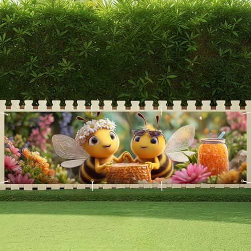 CRYSLOVE Großer Festivals Banner,300 x 90 CM Banner für Balkon,Indoor & Outdoor Dekoration Banner,Für Geburtstag,Ostern,Valentinstag,St. Patrick's Day (abeille mignonne)