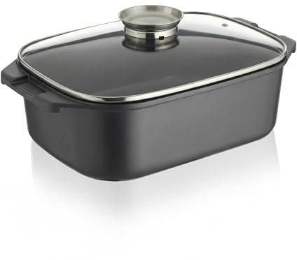 KHG Aluminium Bräter mit Glasdeckel & Aromaknopf 26x41 cm Rechteckig 11 L - ILAG Xeradur®5 Antihaftbeschichtung PFAS-frei - Für alle Herdarten inkl. Induktion - Backofenfest bis 250 °C